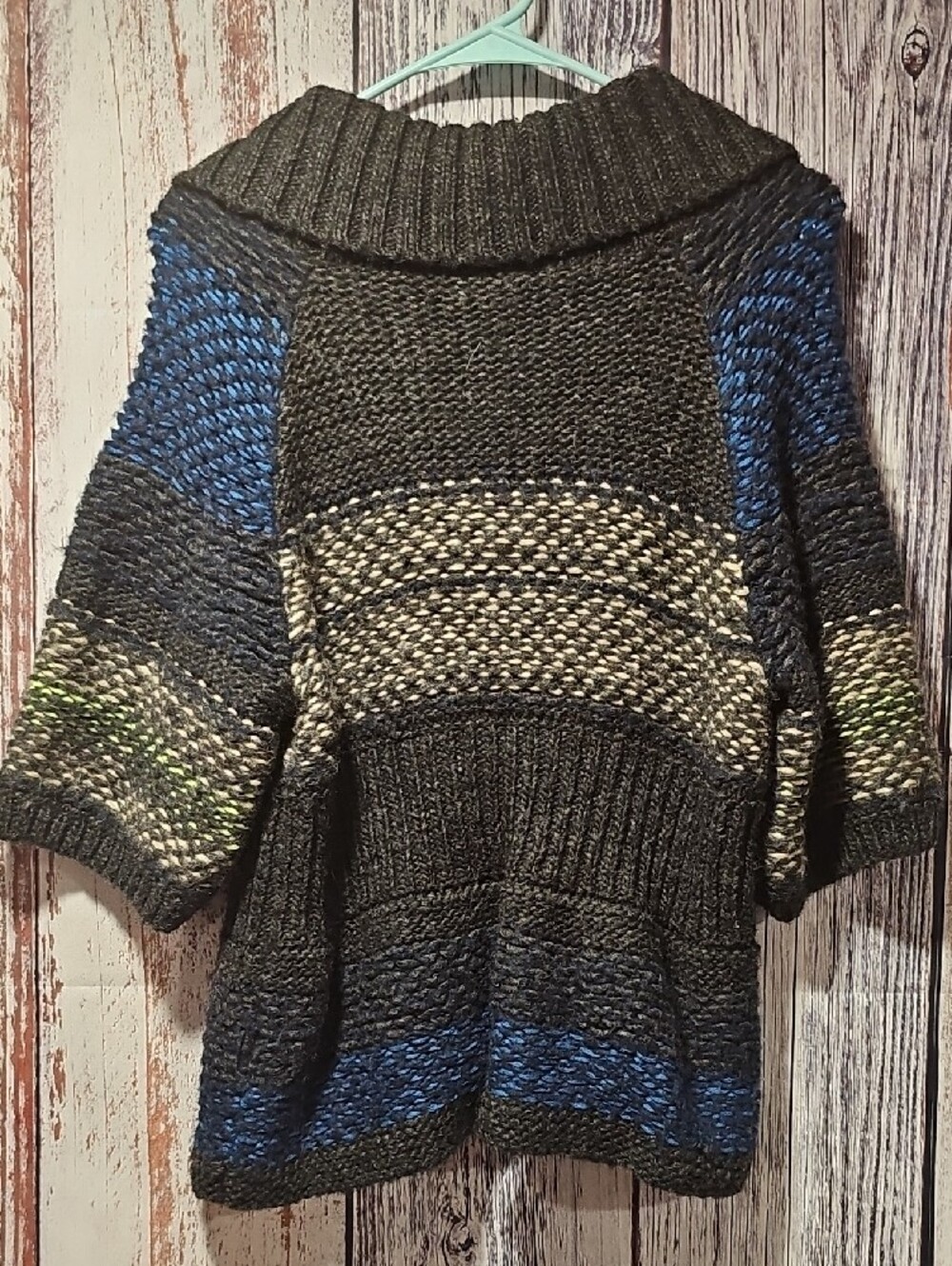 Free People Chunky Button-Front Shawl Collar Cardigan in Charcoal Gray & Blue - Picture 3 of 3